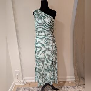 Sam Edelman Green White Zebra Stripe One Shoulder Midi Dress Size 6